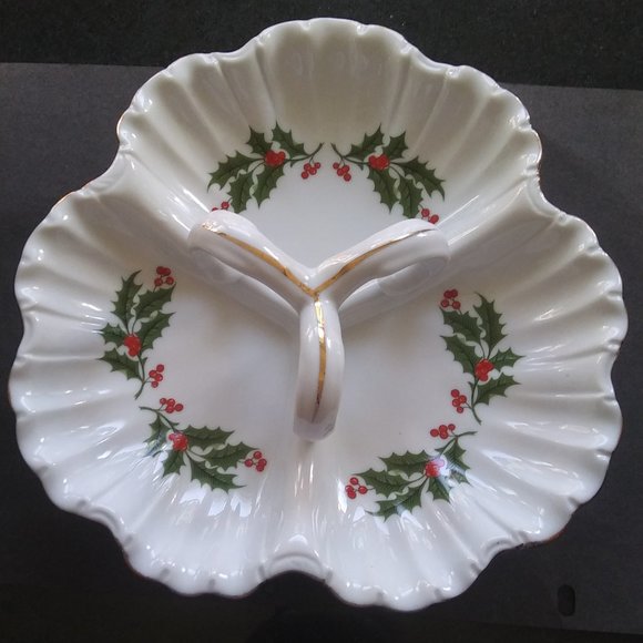 Porcelain three section Relish candy Christmas dish Holly Gold Trim - Picture 1 of 15